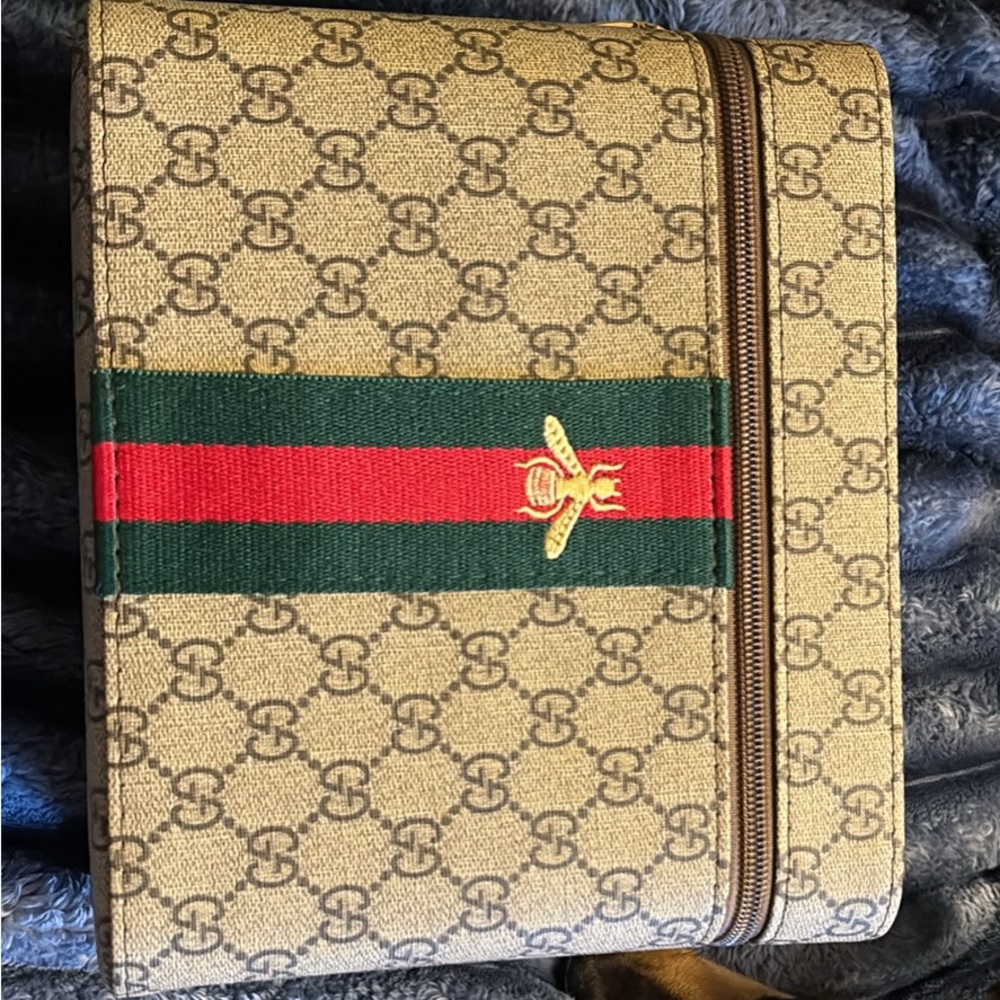 Gucci Beige and Green Toiletry Bag with Red Stripe